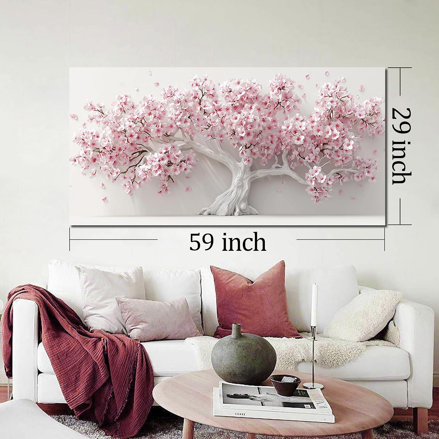 AOZEMI White Wall Art for Living Room Bedroom Home Office Pink Wall Decor Large Tree Pictures Art Flower Artwork Modern Floral Canvas 29'x 59'