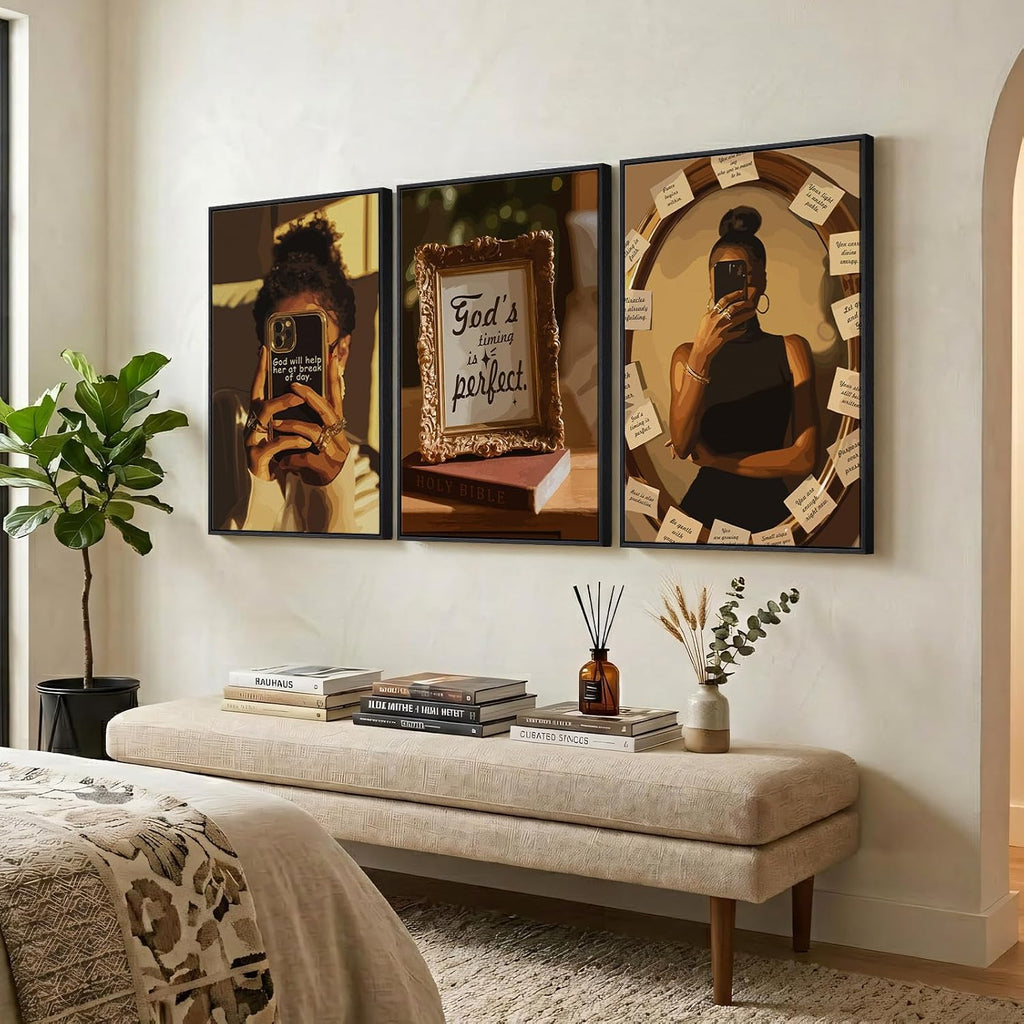 Framed Black Girl Wall Art Set of 3, Large African American Inspirational Canvas Prints, Modern Aesthetic Artwork Painting Pictures for Living Room, Bedroom, Hallway or Dressing Room Decor, 24x36 In