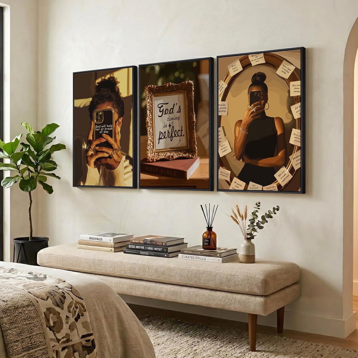 Framed Black Girl Wall Art Set of 3, Large African American Inspirational Canvas Prints, Modern Aesthetic Artwork Painting Pictures for Living Room, Bedroom, Hallway or Dressing Room Decor, 24x36 In