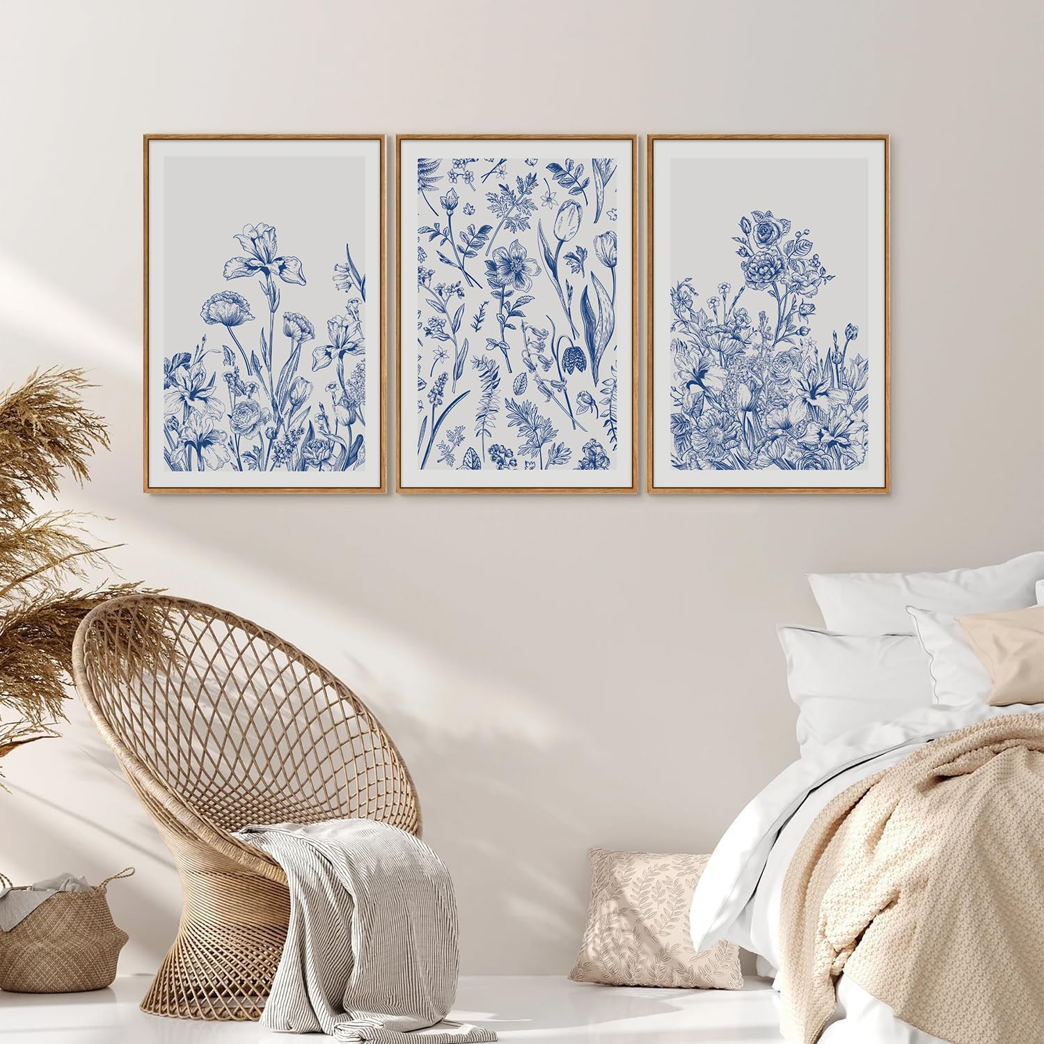 SIGNINART Classic Chinoiserie Framed Canvas Wall Art Set, Blue and White Floral Art Painting, Minimalist Botanical Flower Artwork, Navy Blue Wall Decor for Bedroom, Living Room, Office 24'x36'x3