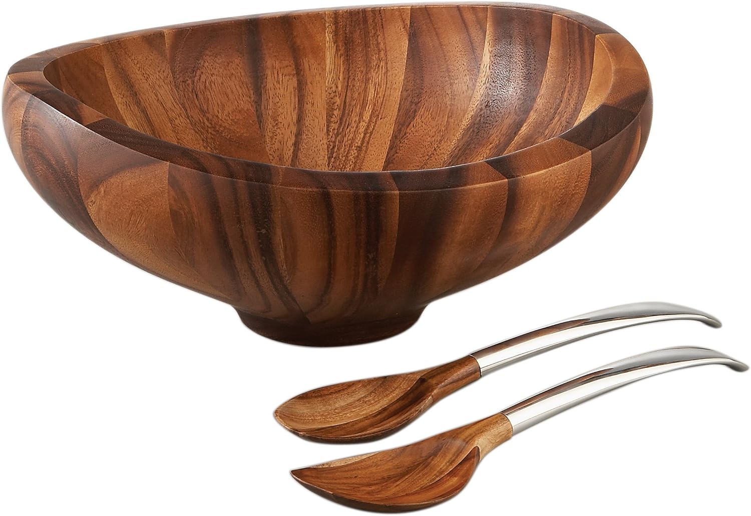 nambe Butterfly Acacia Wood Salad Bowl with 2 Salad Servers | Made of Acacia wood and Nambe Alloy | Large Deep Wooden Bowls | Acacia Wood Salad Bowl Set | Designed by Sean O'hara (16-in)