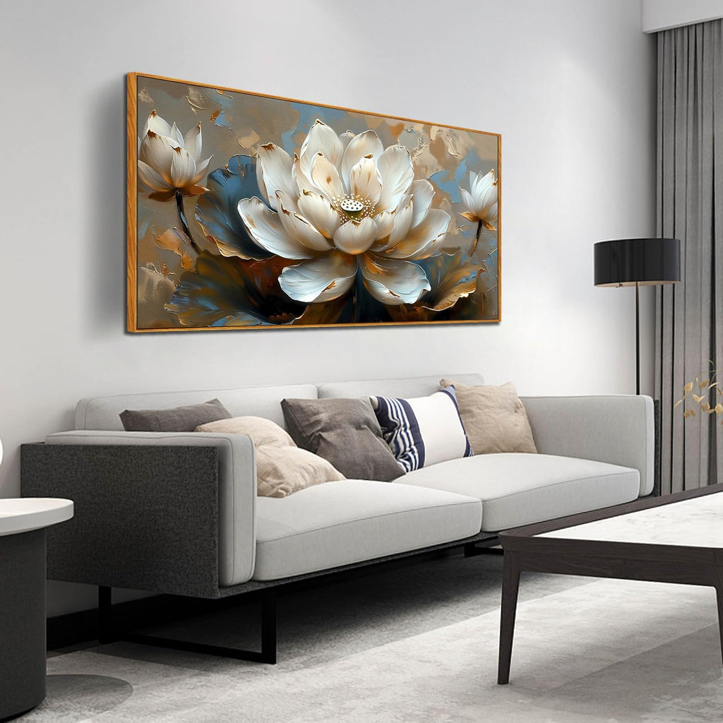 White Lotus Painting Wall Art for Living Room - Gold Flower Wall Decor for Office - Framed Wall Art for Bedroom Size 29' x 59'