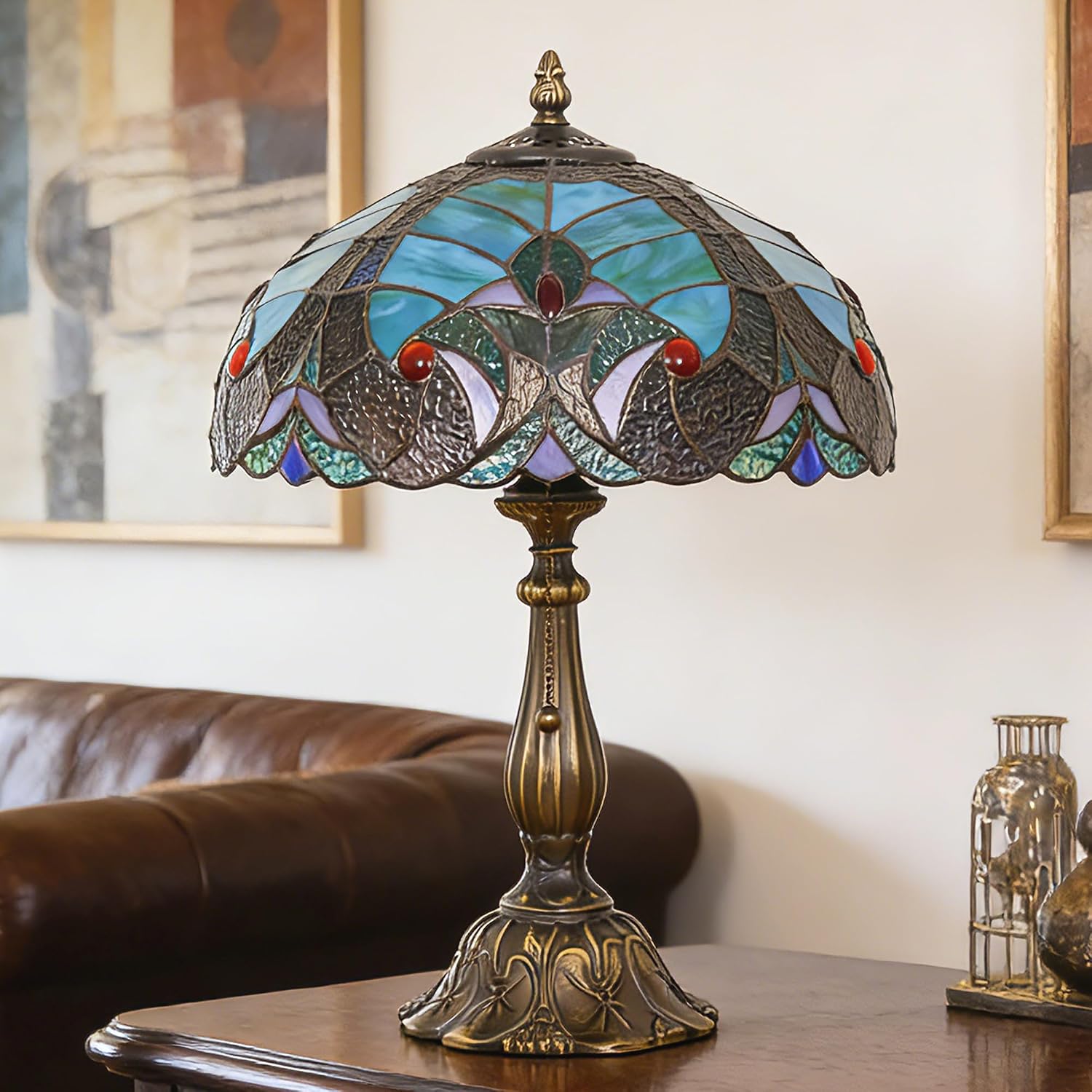 Tiffany Lamp Stained Glass Table Lamp Antique Bedside Reading Light W12H19 Inches (Green Liaison)