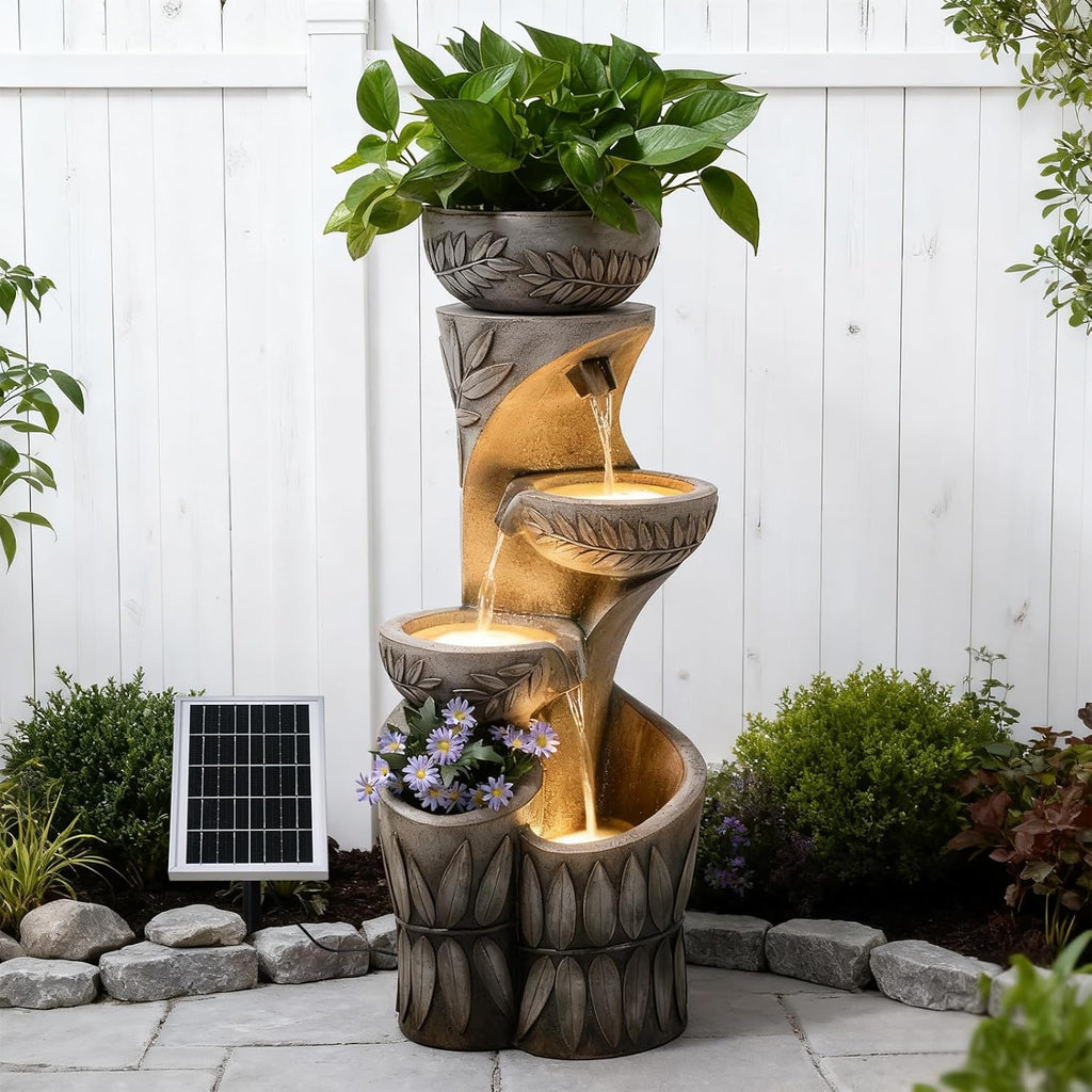 4 Tiered Solar Water Fountain Outdoor Garden, 35.6' Tall Cascading Bowl Leaf Carved Outdoor Waterfall Fountains Modern Water Feature with Dual Planters for Garden, Patio, Deck, Yard, Indoor Decor