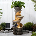 4 Tiered Solar Water Fountain Outdoor Garden, 35.6' Tall Cascading Bowl Leaf Carved Outdoor Waterfall Fountains Modern Water Feature with Dual Planters for Garden, Patio, Deck, Yard, Indoor Decor