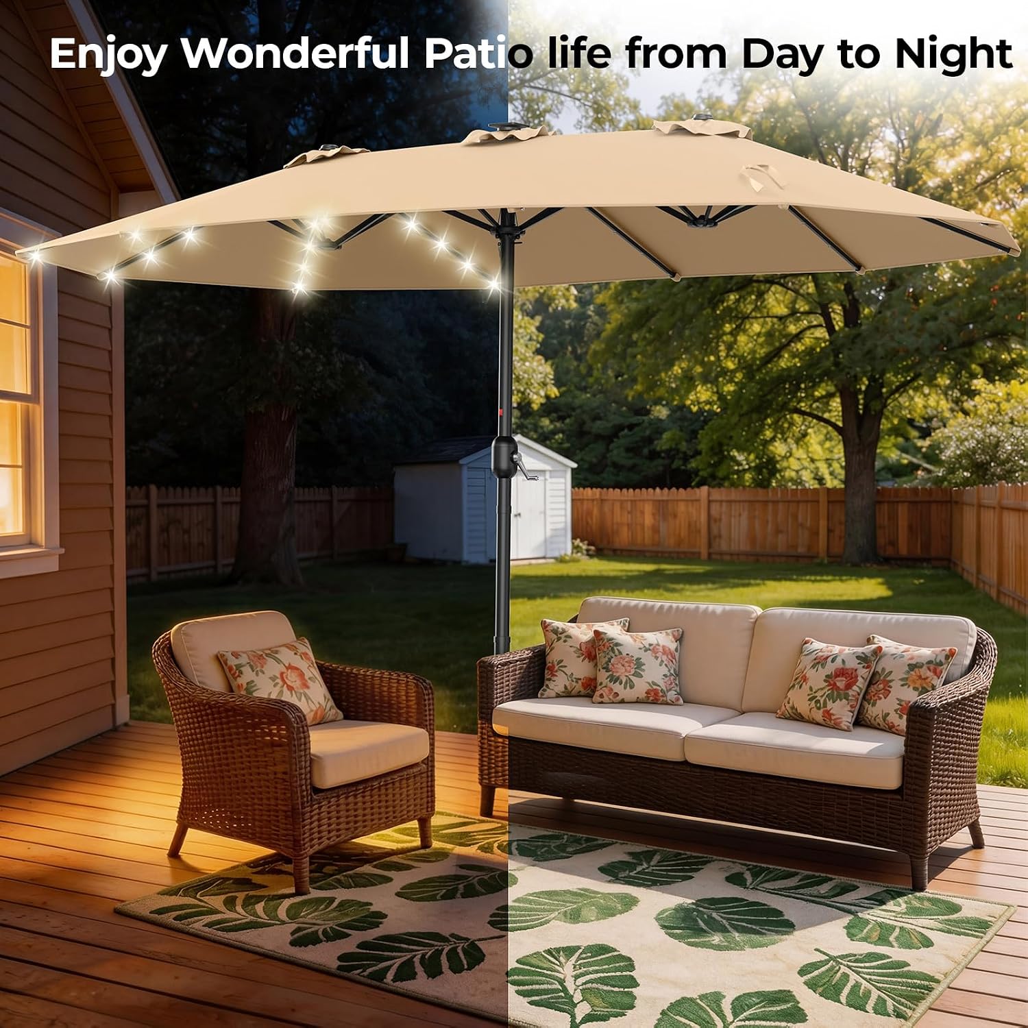 HOMSHADE Double Sided Patio Umbrellas - 13ft Solar Lights LED Lighted Outdoor Extra Large Market Table Umbrella with Base Included, Oversized Umbrella for Deck, Pool, Backyard