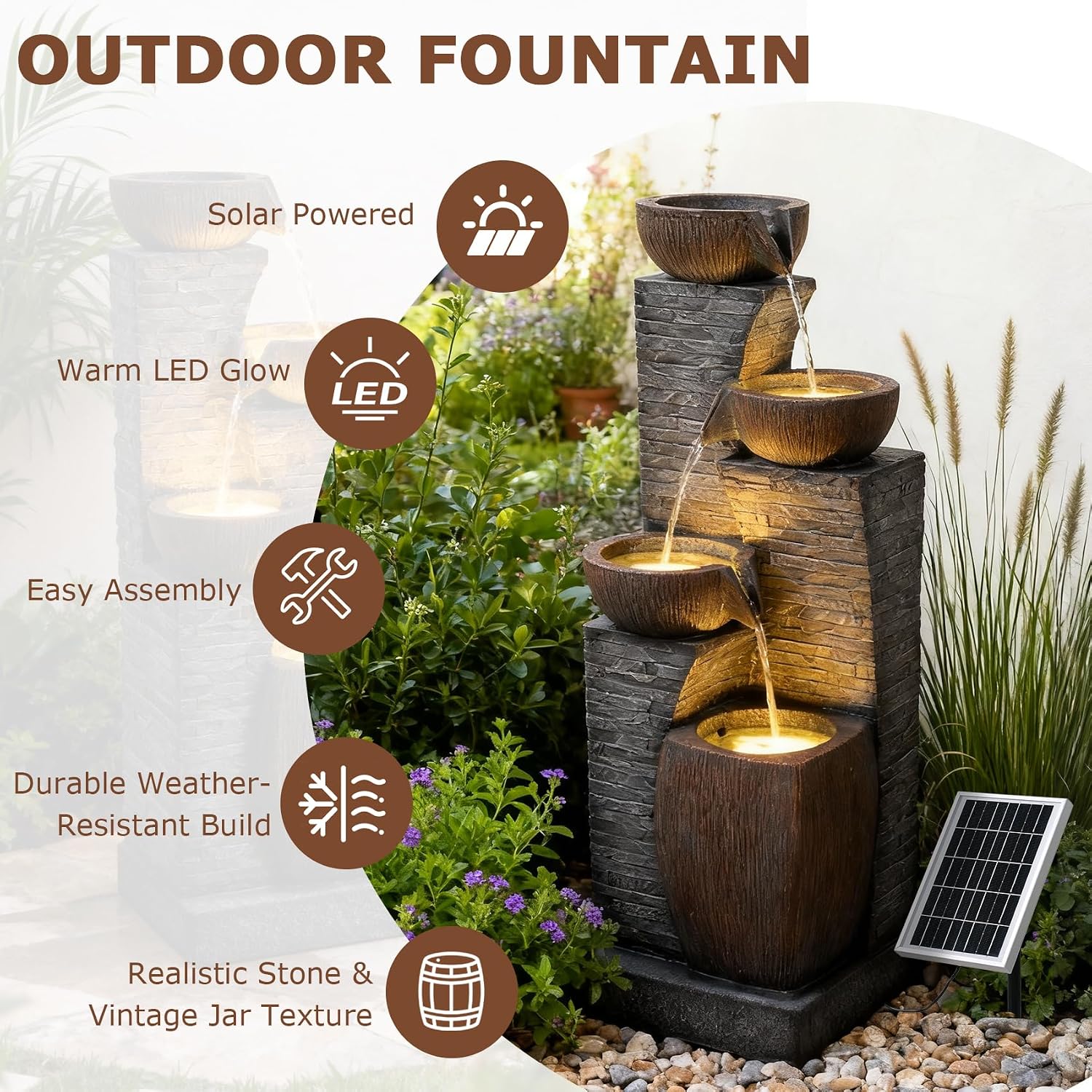 38.2' Tall Solar Water Fountain Outdoor Garden,4 Tiers Modern Cascading Bowls and Stacked Stones Solar Powered Fountains with LED Lights for Garden, Patio, Deck, Porch, Backyard, Lawns