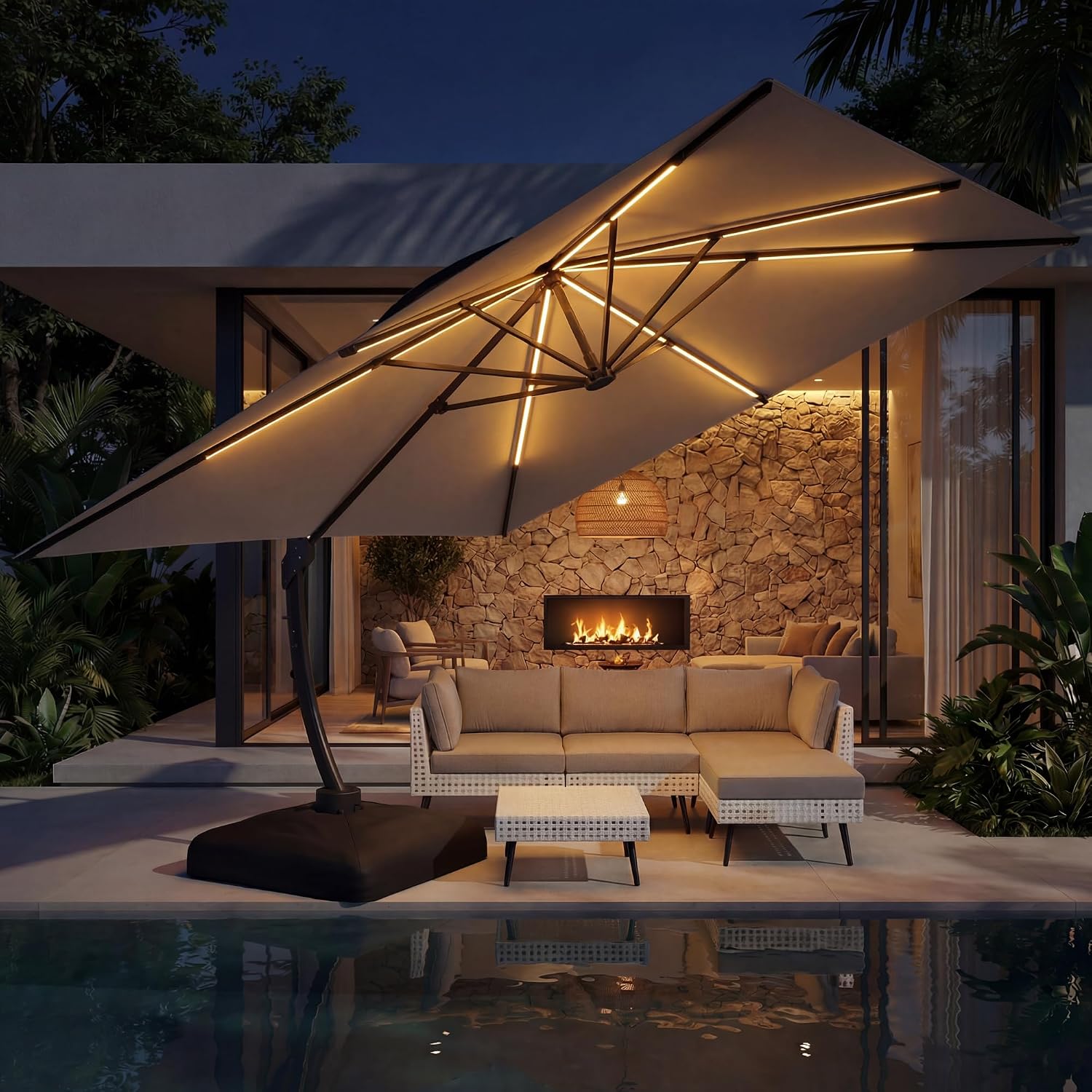 ENSTVER 11x11ft Large Cantilever Umbrella With Base Included & Solar Powered Led Lights, Deluxe Curvy All-Aluminum Rectangular Patio Umbrella For Deck, Pool And Backyard (Grey)