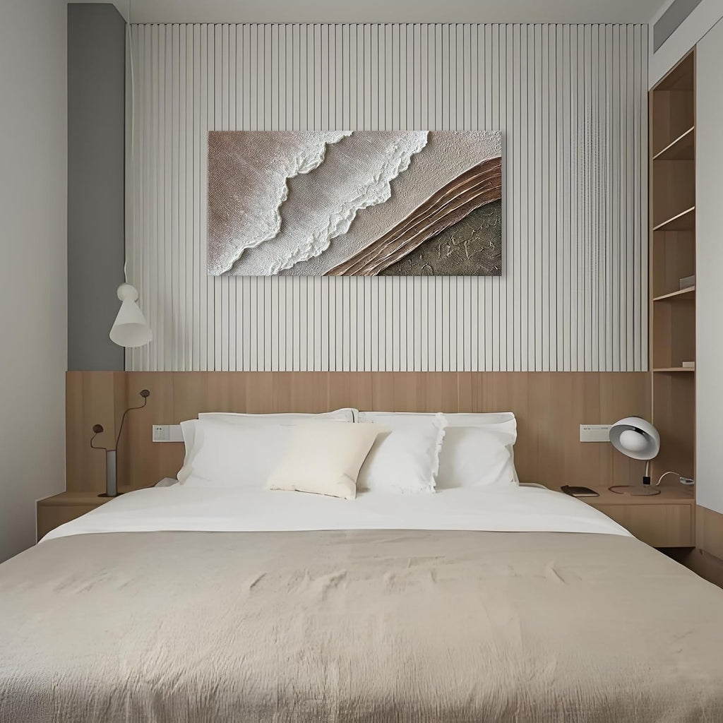 Hand Painted Thick Texture Art Oil Painting on Brown and White Beach Waves Landscape Art Home Wall Decorative Painting 48x24 Inches