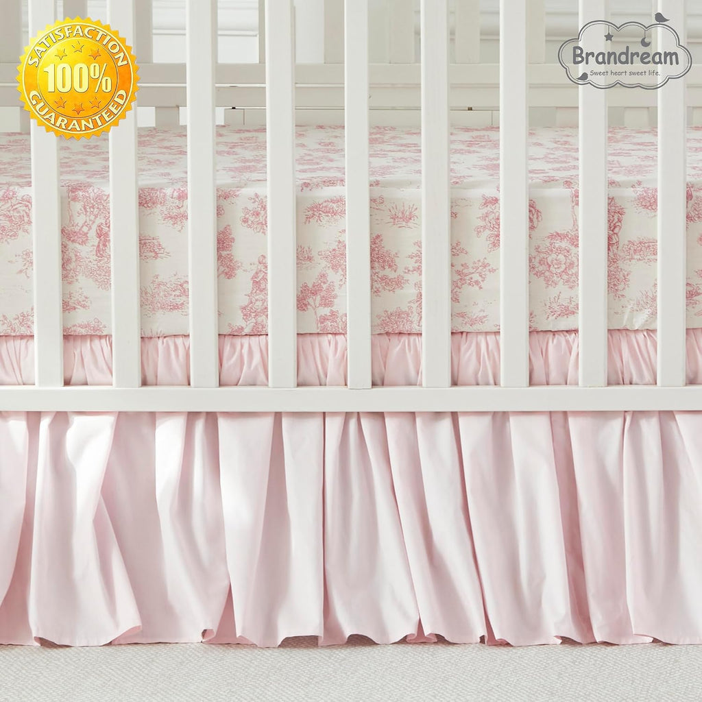 Brandream French Country Toile Crib Bedding Set for Girls Vintage Pink Toile Floral Print 100% Cotton Baby Girl Nursery Bedding Collection - Ruffles Quilt,Toile Crib Sheet,Crib Bed Skirt 3 Pieces