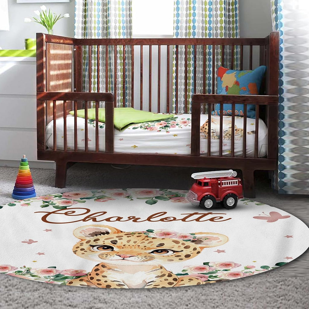 Personalized Nursery Crib Bedding Set: Custom Name 5 Piece Baby Crib Sets with Floral Leopard Design - Toddler Double Layer Blanket Set, Comfortable Crib Bed Sheets for Baby Grils