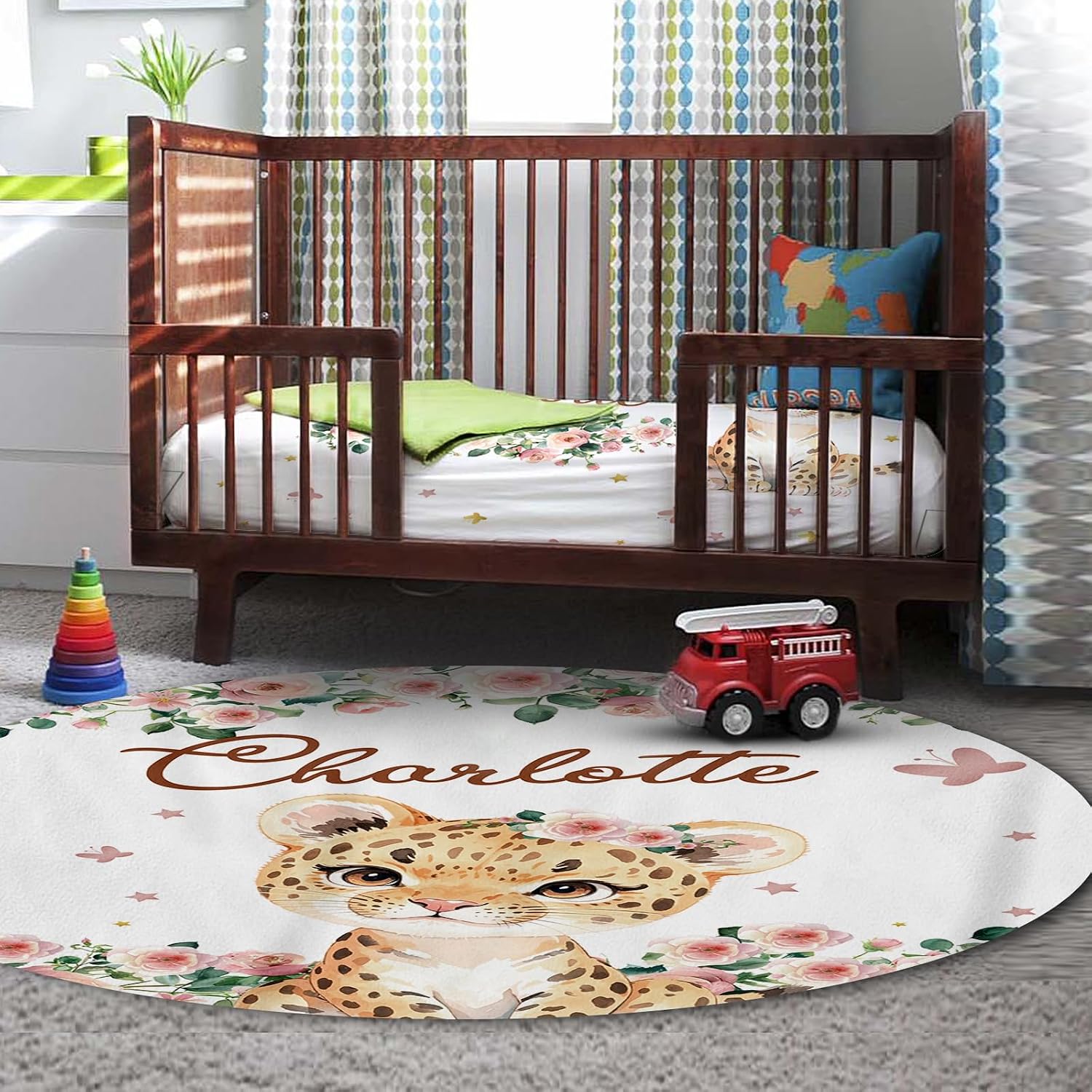 Personalized Nursery Crib Bedding Set: Custom Name 5 Piece Baby Crib Sets with Floral Leopard Design - Toddler Double Layer Blanket Set, Comfortable Crib Bed Sheets for Baby Grils