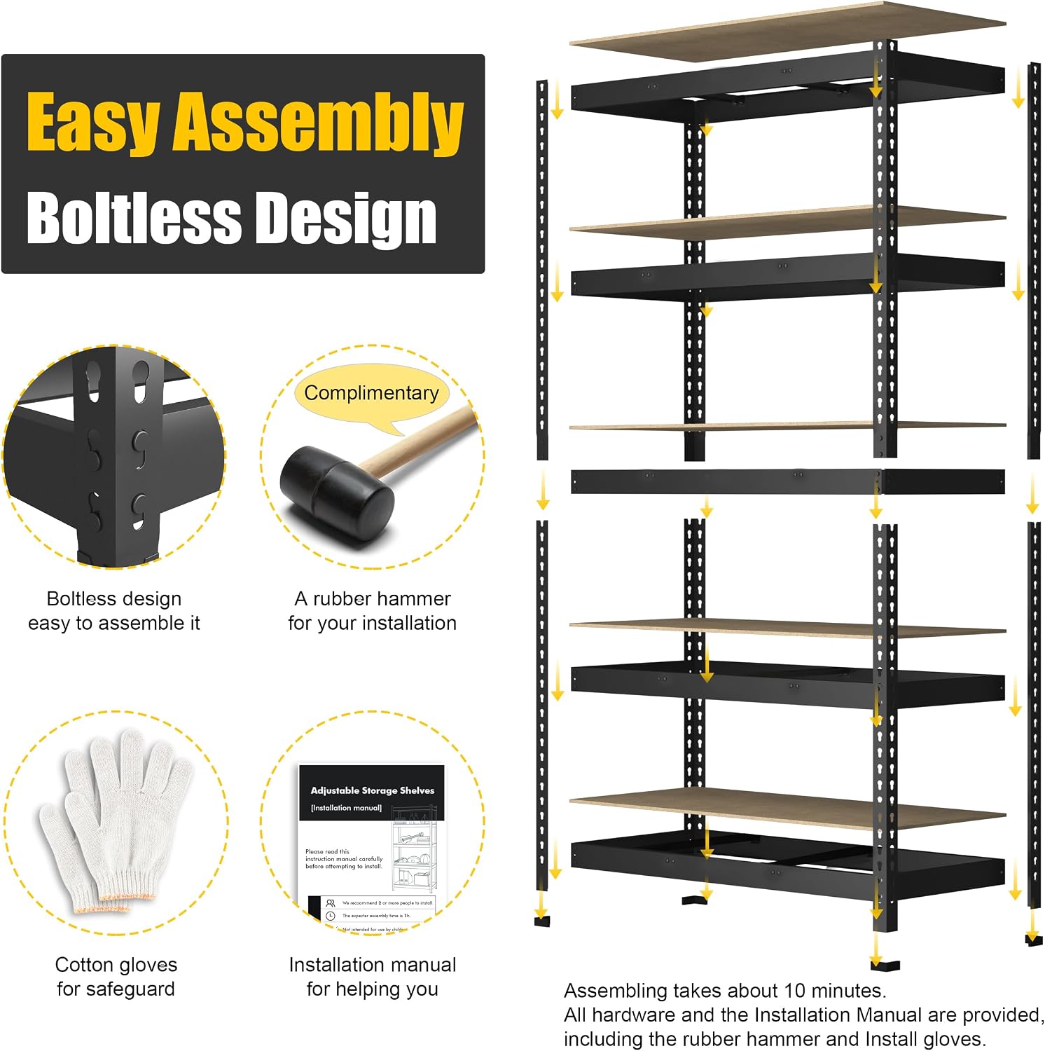PrimeZone 2 Pack Storage Shelves 48' x 24' x 72' - 5 Tier Heavy Duty Adjustable Garage Storage Shelving, Metal Storage Utility Rack Shelf Unit for Warehouse Pantry Closet Kitchen, Black