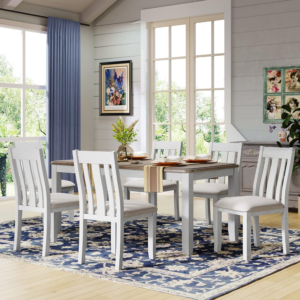 Rustic 7-Piece Kitchen Dining Table Set, Retro Solid Wood Dining Table Set for 6, Rectangle Extendable Table with 6 High Back Upholstered Chairs for Kitchen Dining Room