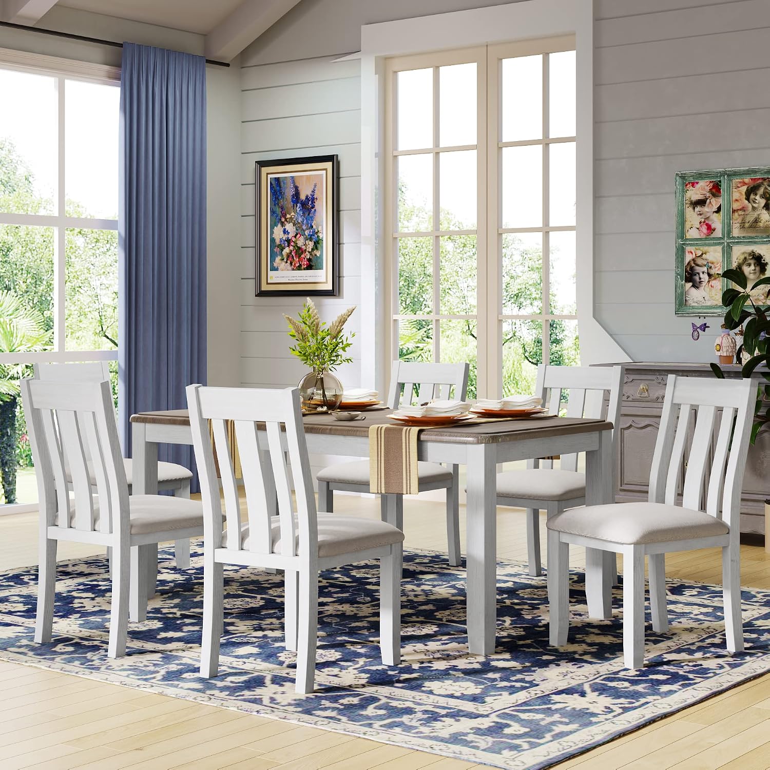 Rustic 7-Piece Kitchen Dining Table Set, Retro Solid Wood Dining Table Set for 6, Rectangle Extendable Table with 6 High Back Upholstered Chairs for Kitchen Dining Room