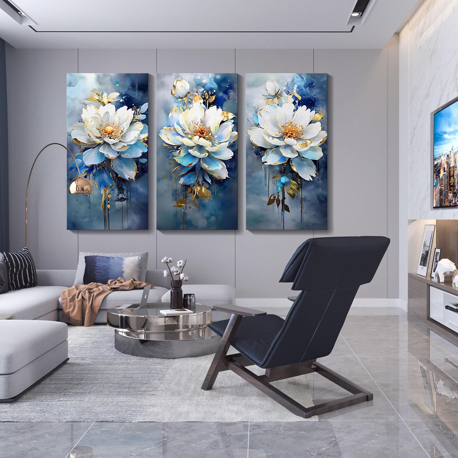 AJAZIKO Large Floral Wall Art - Modern Abstract Flower Canvas - Navy Blue 3 Piece Wall Art - Bedroom Artwork - 24x48in