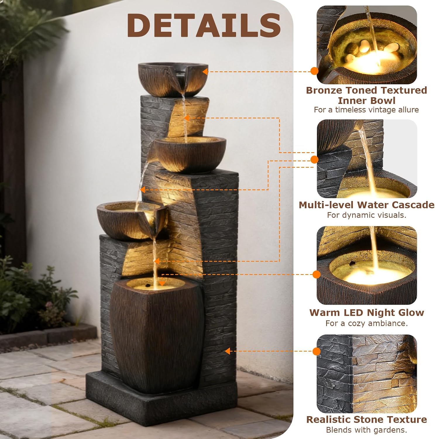 38.2' Tall Water Fountain Outdoor Garden,4 Tiers Modern Cascading Bowls and Stacked Stones Indoor Fountains with LED Lights for Garden, Patio, Deck, Porch, Backyard and Home Art Decor(Grey)
