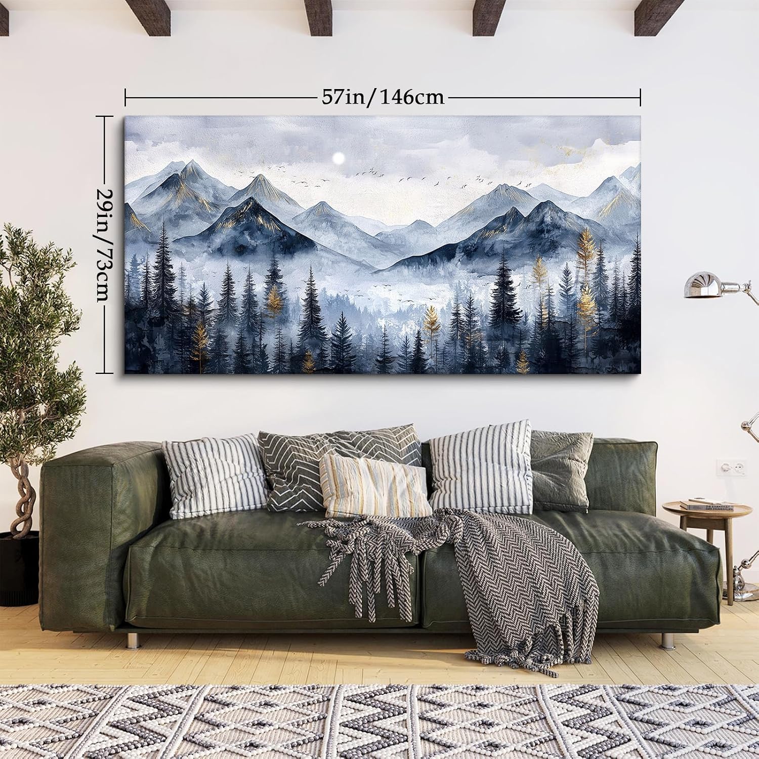 SERIMINO Mountain Landscape Large Wall Art, Misty Forest Canvas Prints, Blue Gold Watercolor Pine Tree Paintings Wall Decor Living Room Bedroom, Natural Scenery Office Decor Pictures 29'X57'