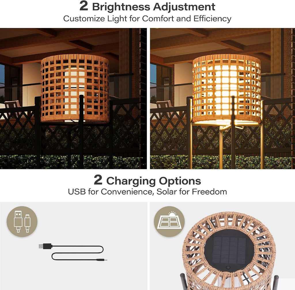 LAUSAINT HOME Solar Powered Outdoor Floor Lamp with Auto On/Off LED Light, Waterproof Wicker Patio Floor Lights, Boho Rattan Floor Lantern (2 Floor Lamps)