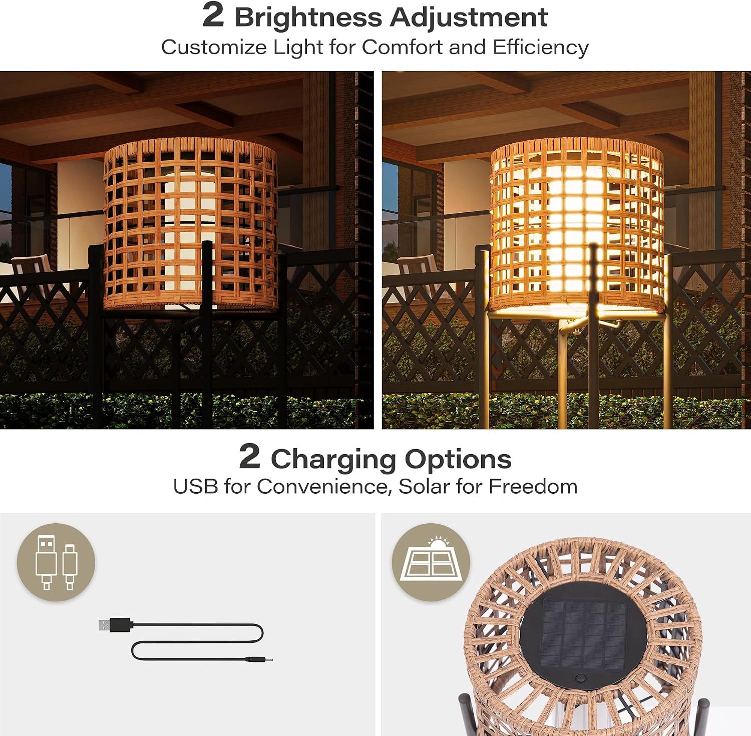 LAUSAINT HOME Solar Powered Outdoor Floor Lamp with Auto On/Off LED Light, Waterproof Wicker Patio Floor Lights, Boho Rattan Floor Lantern (2 Floor Lamps)