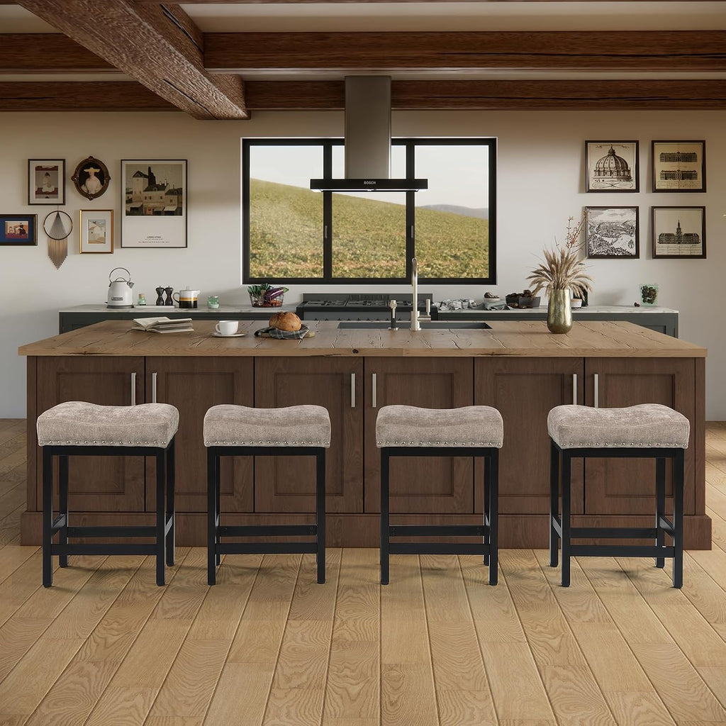 OUllUO Bar Stools Set of 2, 25 Inches Counter Height Bar Stools, Taupe Fabric Saddle Seat Bar Stools with Nailhead, Black Metal Kitchen Barstools for Kitchen Counter, 918P-FBDR