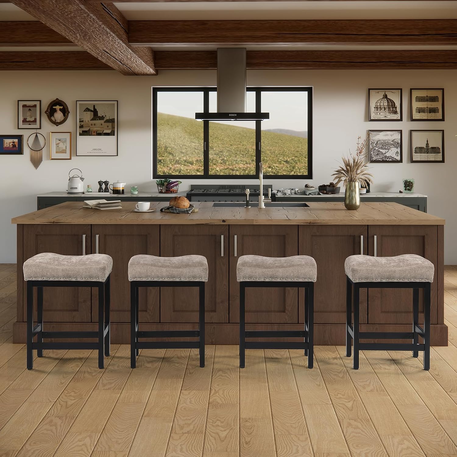 OUllUO Bar Stools Set of 2, 25 Inches Counter Height Bar Stools, Taupe Fabric Saddle Seat Bar Stools with Nailhead, Black Metal Kitchen Barstools for Kitchen Counter, 918P-FBDR