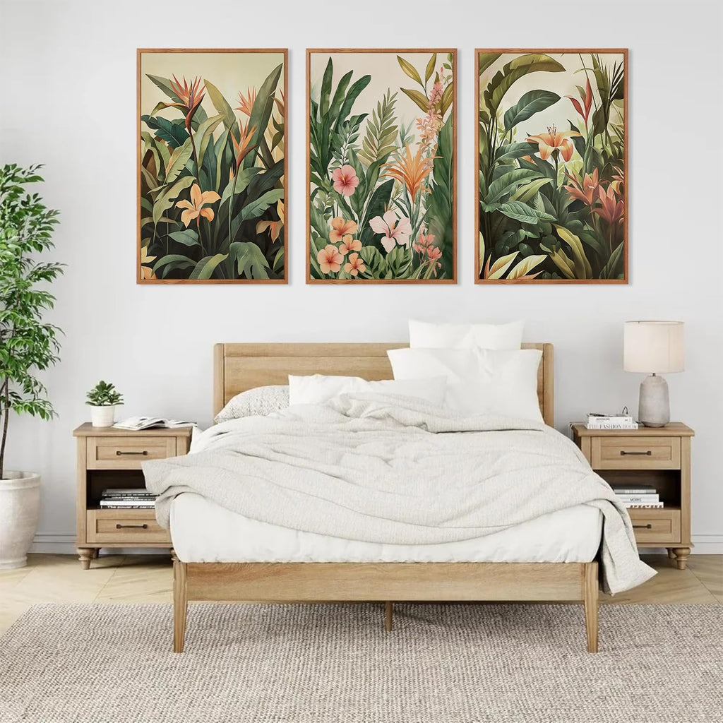 HLNIUC Boho Tropical Leaves Framed Canvas Wall Art,Abstract Flower Wall Decor Set of 3(24'x36')Modern Green Plant Banana Leaf Art Print,Tropical Botanical Jungle Painting for Living Room Bedroom Office