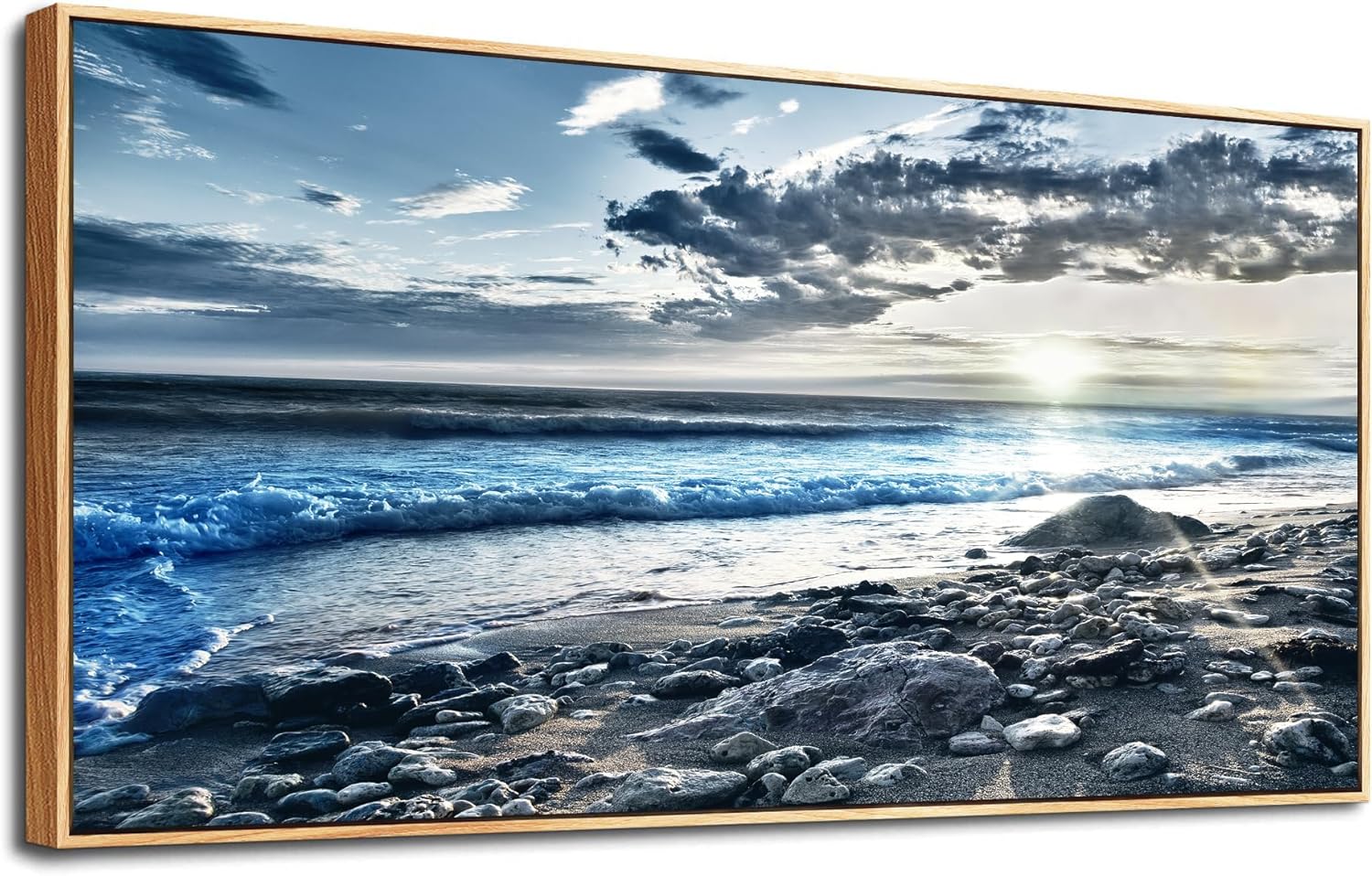 Wood Framed Wall Art For Living Room Large Size Wall Decor For Office Modern Bedroom Wall Decor Blue Beach Sun Ocean Landscape Wall Paintings Seascape Framed Pictures Artwork Home Decor 30' X 60'