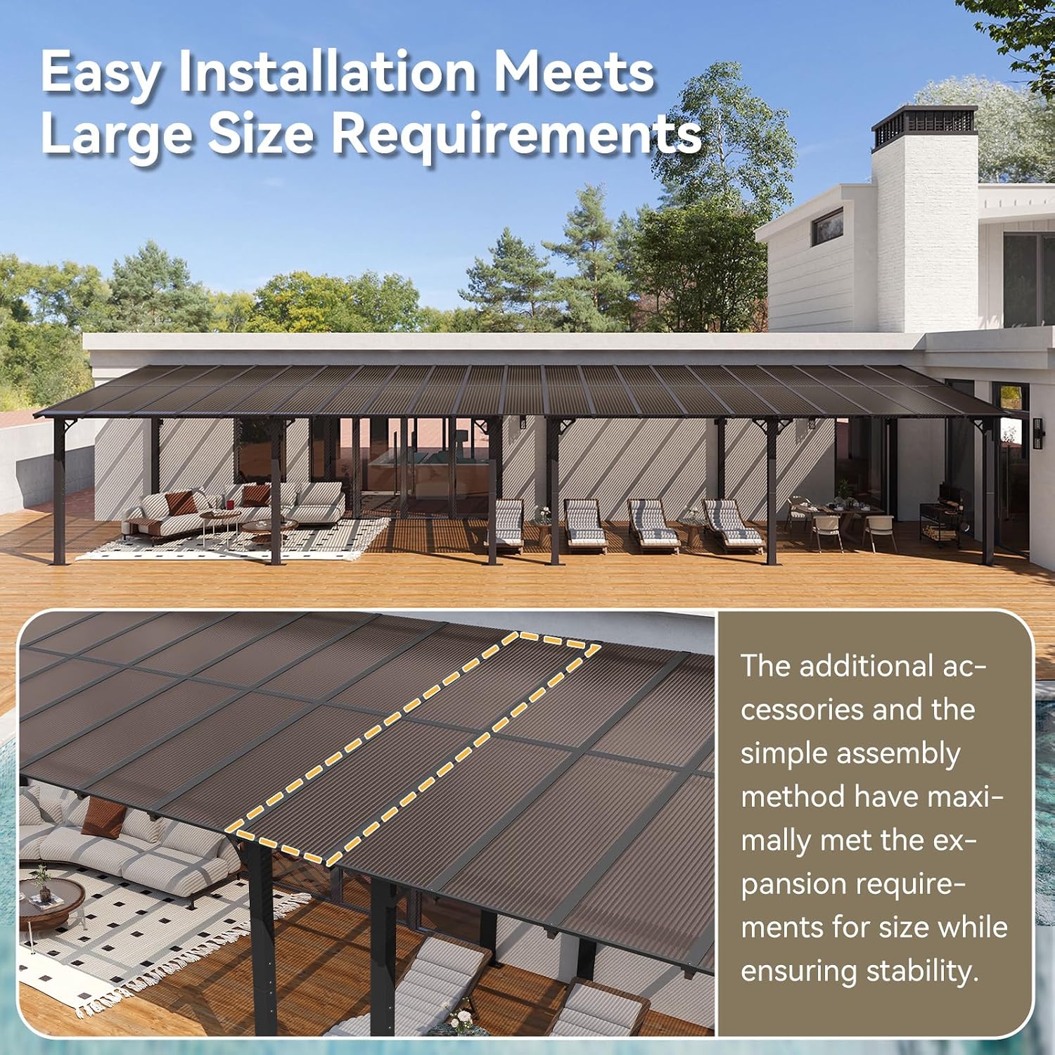 Aoxun 42' x 10' Pergola for Patio, Gazebo with Sloped Roof, Grill Pergola Large Wall-Mounted Heavy Duty Awnings, for Backyard, Deck, Patio