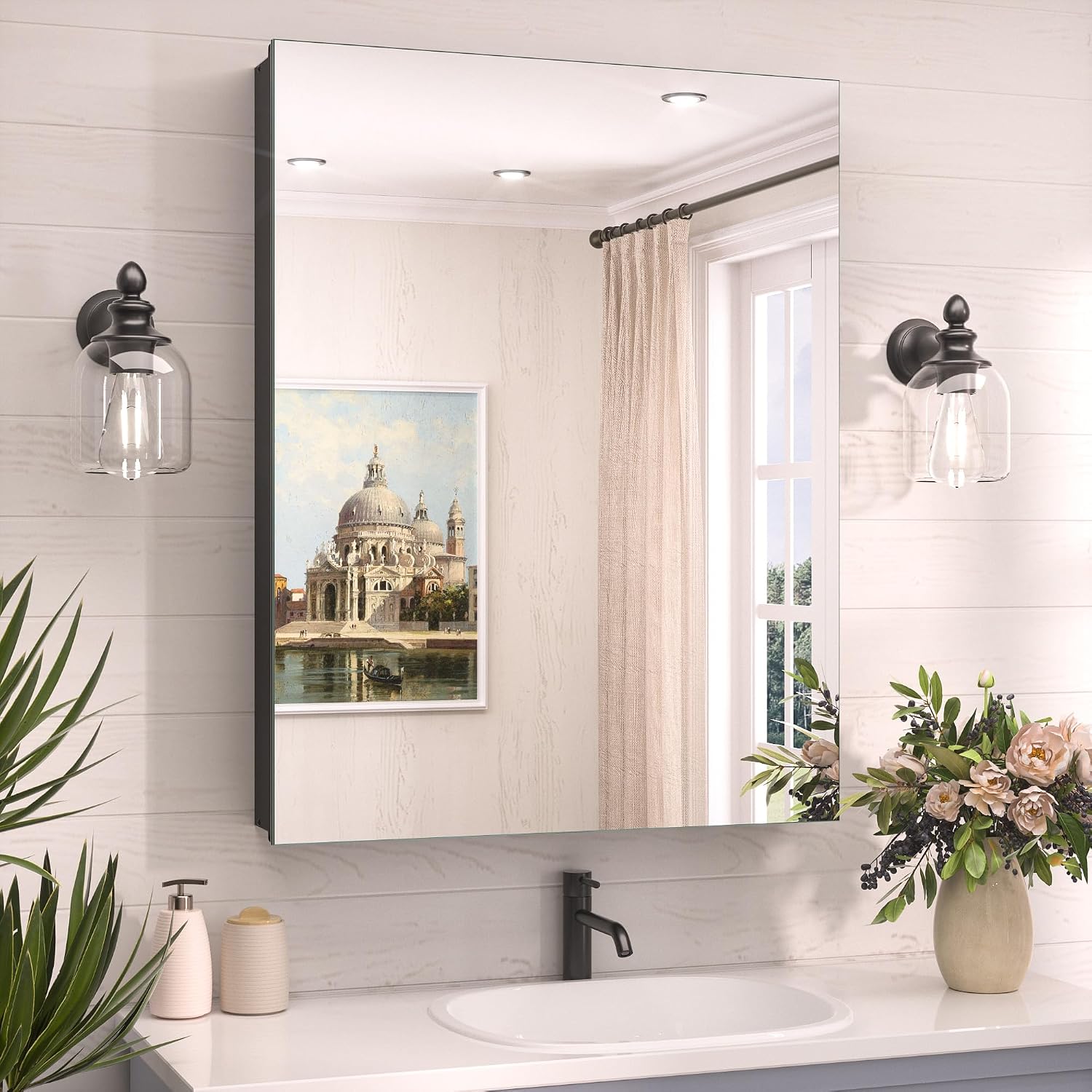 TokeShimi 24 x 32 Mirrored Medicine Cabinet Recessed or Surface Mount, Aluminum Tempered Bathroom Medicine Cabinet with Mirror with Storage Black Stepless Adjustable Metal Shelves Farmhouse