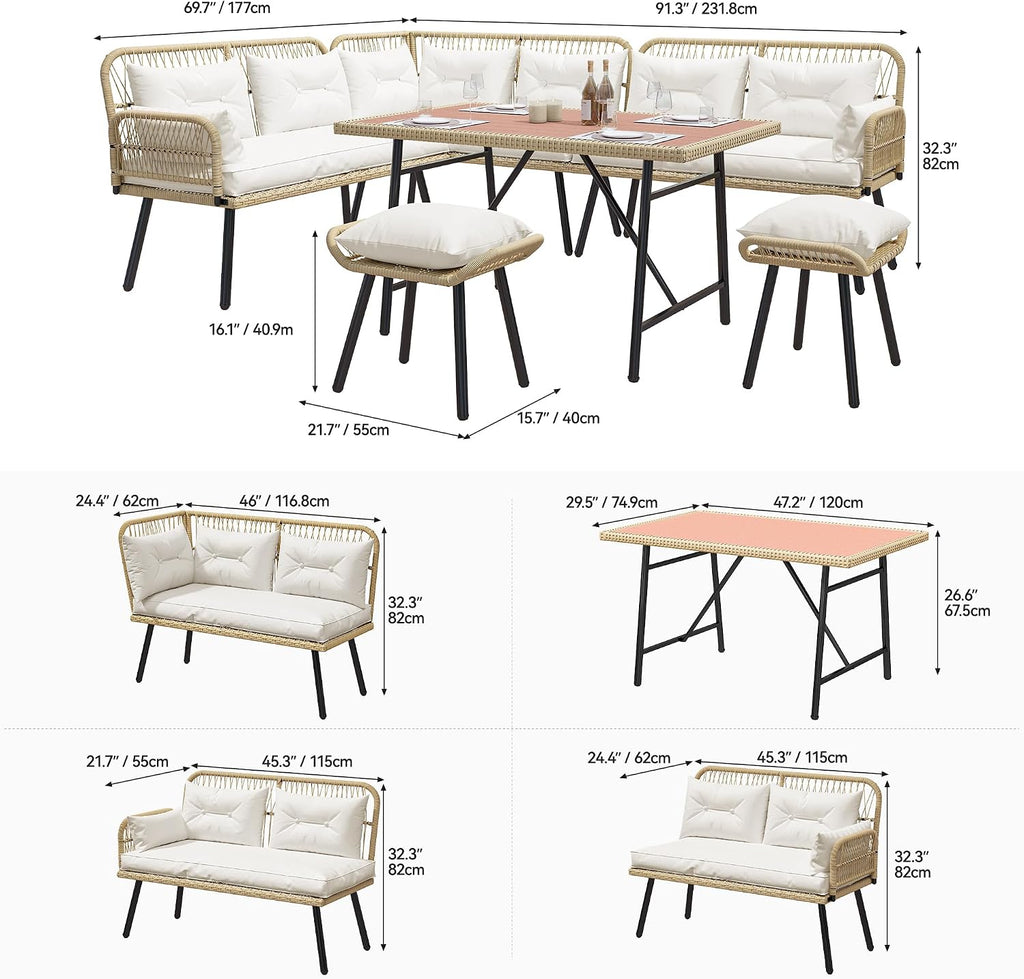 YITAHOME Patio Wicker L-Shaped Furniture Set, All-Weather Rattan Outdoor Conversation Sofa Set for Backyard Deck with Soft Cushions,Ottomans and Plastic Wood Dining Table (Light Brown+Beige)