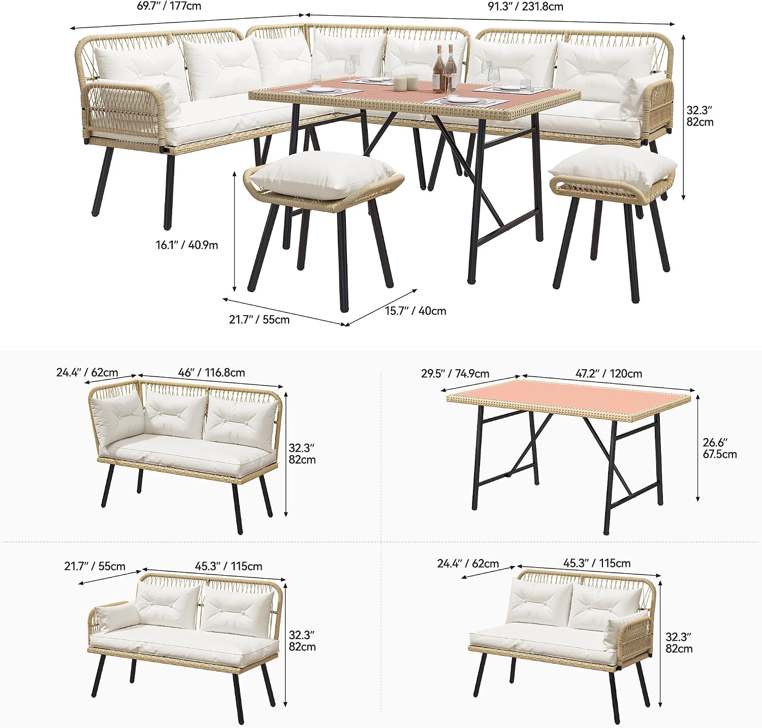 YITAHOME Patio Wicker L-Shaped Furniture Set, All-Weather Rattan Outdoor Conversation Sofa Set for Backyard Deck with Soft Cushions,Ottomans and Plastic Wood Dining Table (Light Brown+Beige)