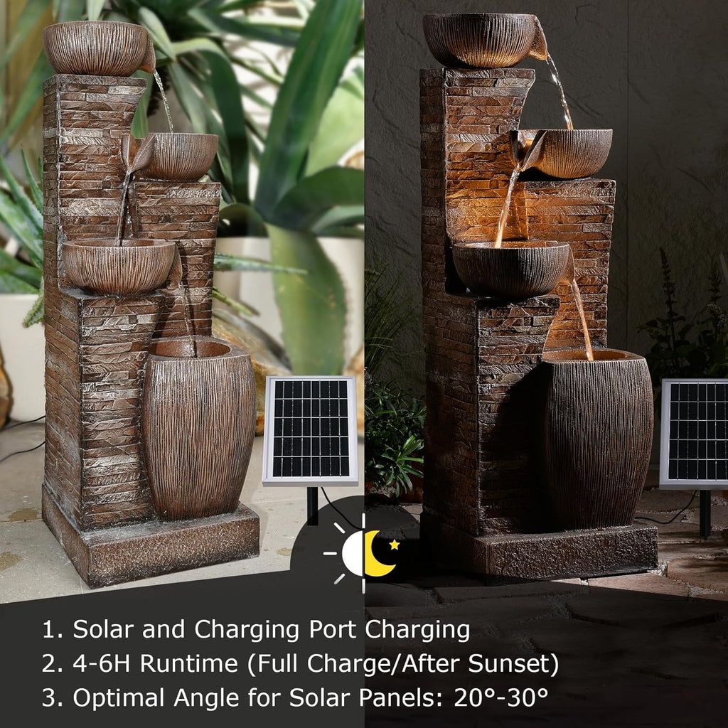 38.2' Tall Solar Powered Water Fountain for Outdoor,4 Tiers Modern Cascading Bowls and Stacked Stones Solar Fountains with LED Lights for Garden, Patio, Deck, Backyard and Home Art Decor