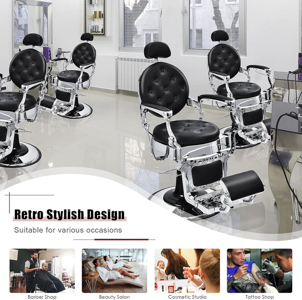 Giantex Vintage Barber Salon Chair, 360 Swivel Reclining, Heavy Duty Hydraulic Pump, Height Adjustable, Rotated Footrest, Makeup Hair Salon Chairs for Hair Stylist (Black)