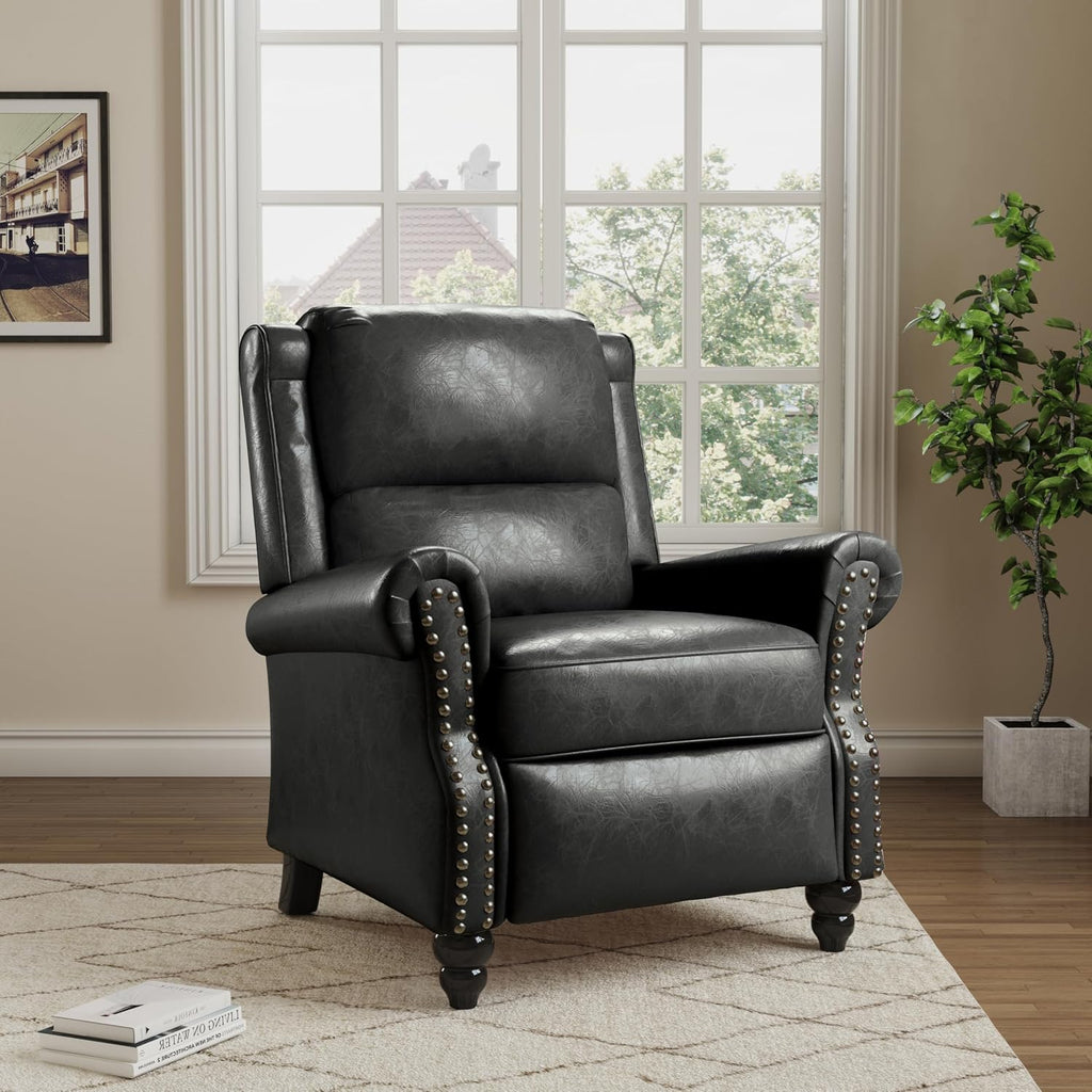 Pushback Recliner Chair, Faux Leather Wingback Recliner Chair, Upholstered Armchair Push Back Recliner with Wood Legs, Rivet Trim Single Sofa Accent Chair for Living Room, Bedroom, Black