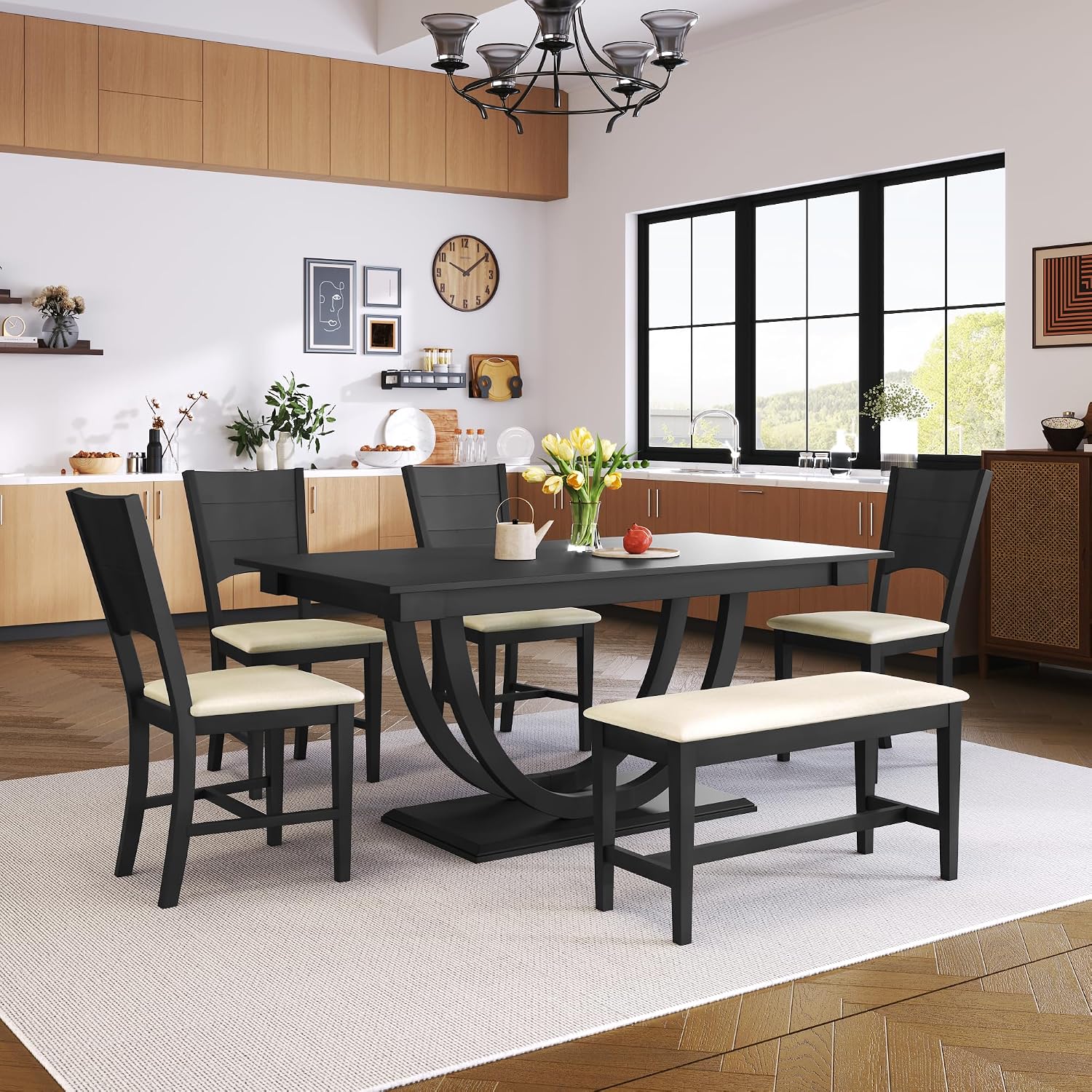 Modern Solid Wood 6-Piece Dining Table Set, Unique Design Half Round Legs Dining Table with Upholstered Dining Chairs&Bench, Kitchen Dining Room Set for 6 (Grey-Half L)