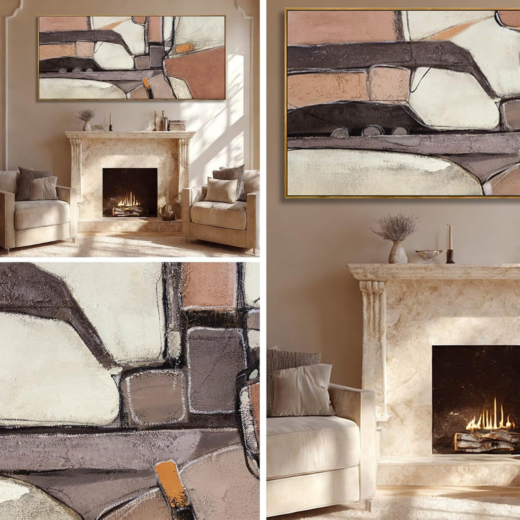 ZENPEE Brown & Grey Abstract Canvas Wall Art 32x71, Neutral Off-White Geometric Design with Wooden Frame, Modern Oversized wall art for living room