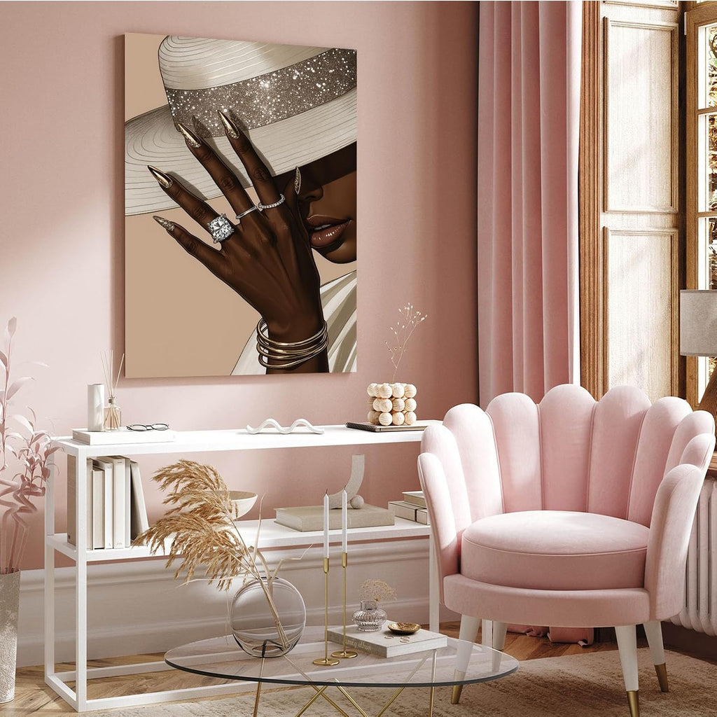 Fashion wall painting Black girl with white hat Canvas painting African poster is a good choice for room decoration Simple art 28x40in Wood Framed