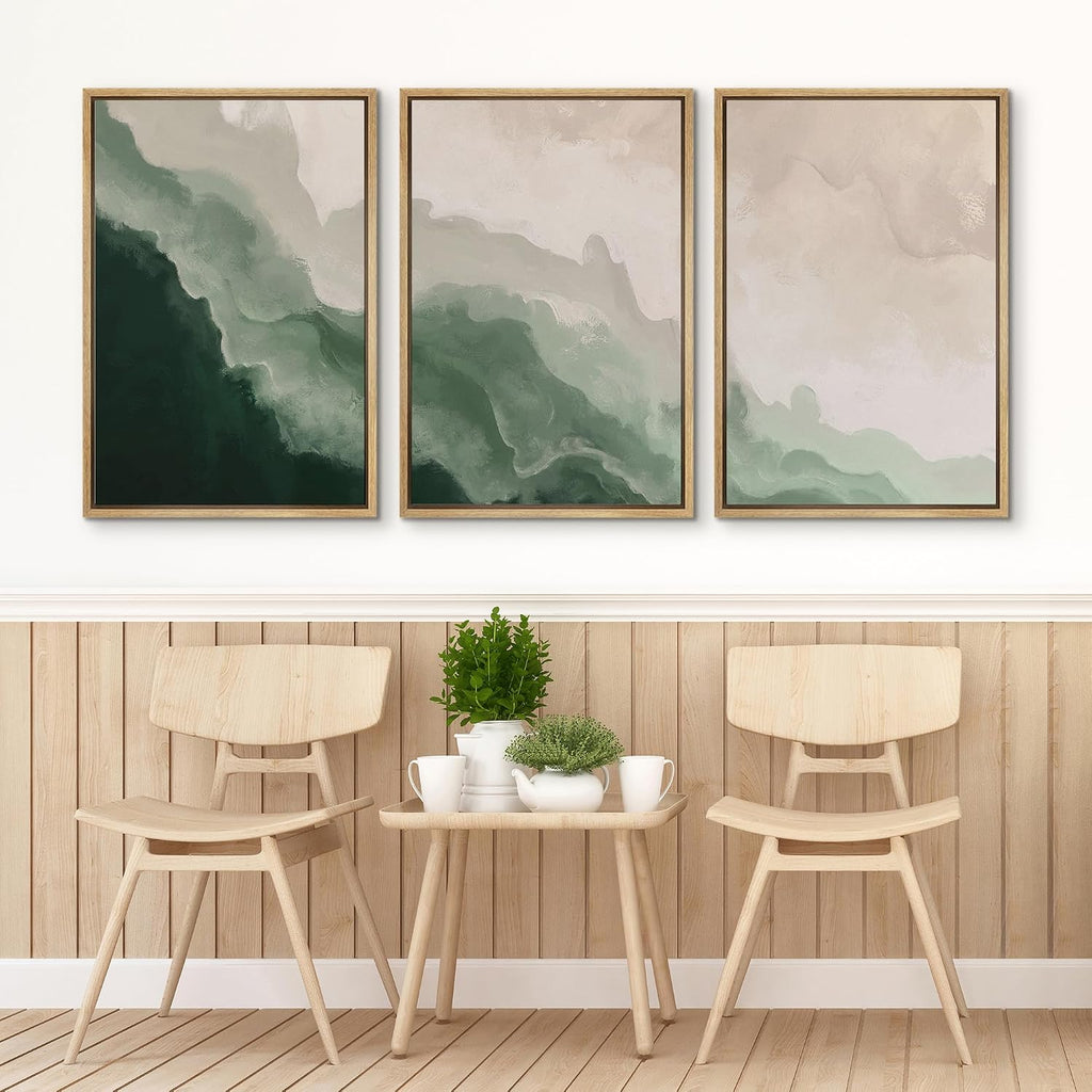 SIGNFORD Framed Canvas Print Wall Art Set Abstract Green Waves Illustration Modern Art Decorative Nordic Minimal Zen for Living Room, Bedroom, Office - 24'x36'x3 Natural