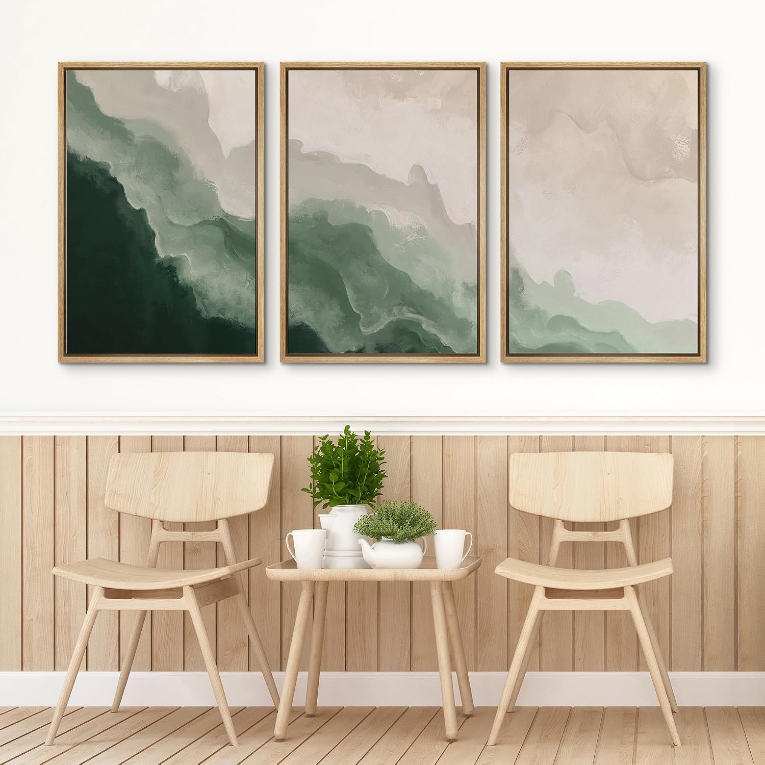 SIGNFORD Framed Canvas Print Wall Art Set Abstract Green Waves Illustration Modern Art Decorative Nordic Minimal Zen for Living Room, Bedroom, Office - 24'x36'x3 Natural