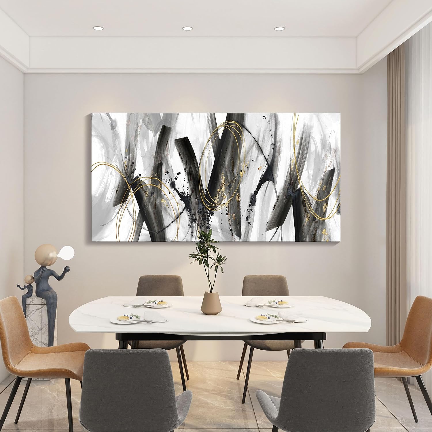Large Modern Wall Art for Living Room, Bedroom, Office - Black and Gold Wall Pictures Abstract Paintings, Artwork - Black and White Wall Decor, Grey Tone29×58IN