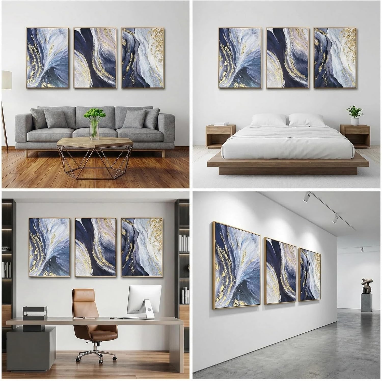 3 Piece Abstract Wall Art for Living Room, Blue and Gold Fluid Art Canvas Painting with Gold Frame for Office, Modern Luxury Wall Decor for Bedroom Ready to Hang 72x36 inches