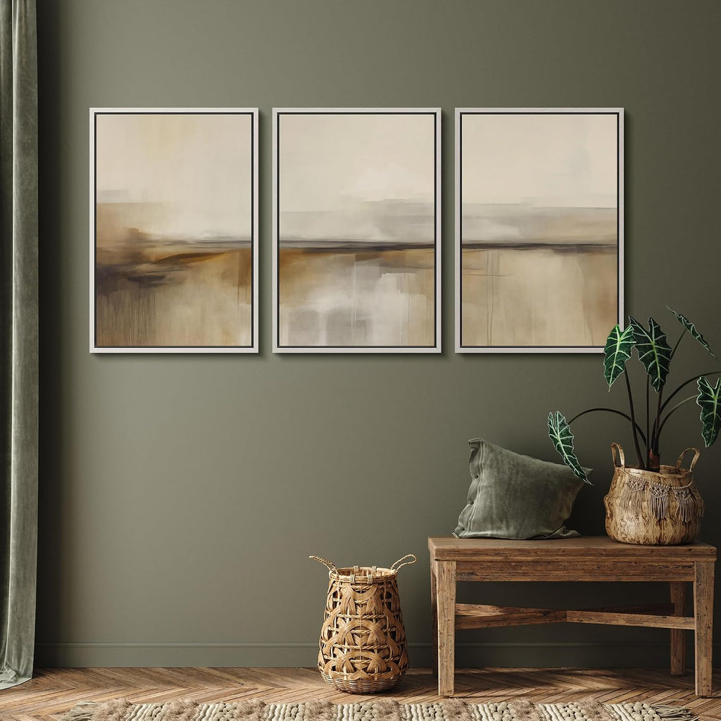 SIGNFORD Framed Canvas Print Wall Art Set Desert Haze Abstract Neutral Beige and Brown Illustrations Modern Art Relax/Calm for Living Room, Bedroom, Office - 16'x24'x3 White