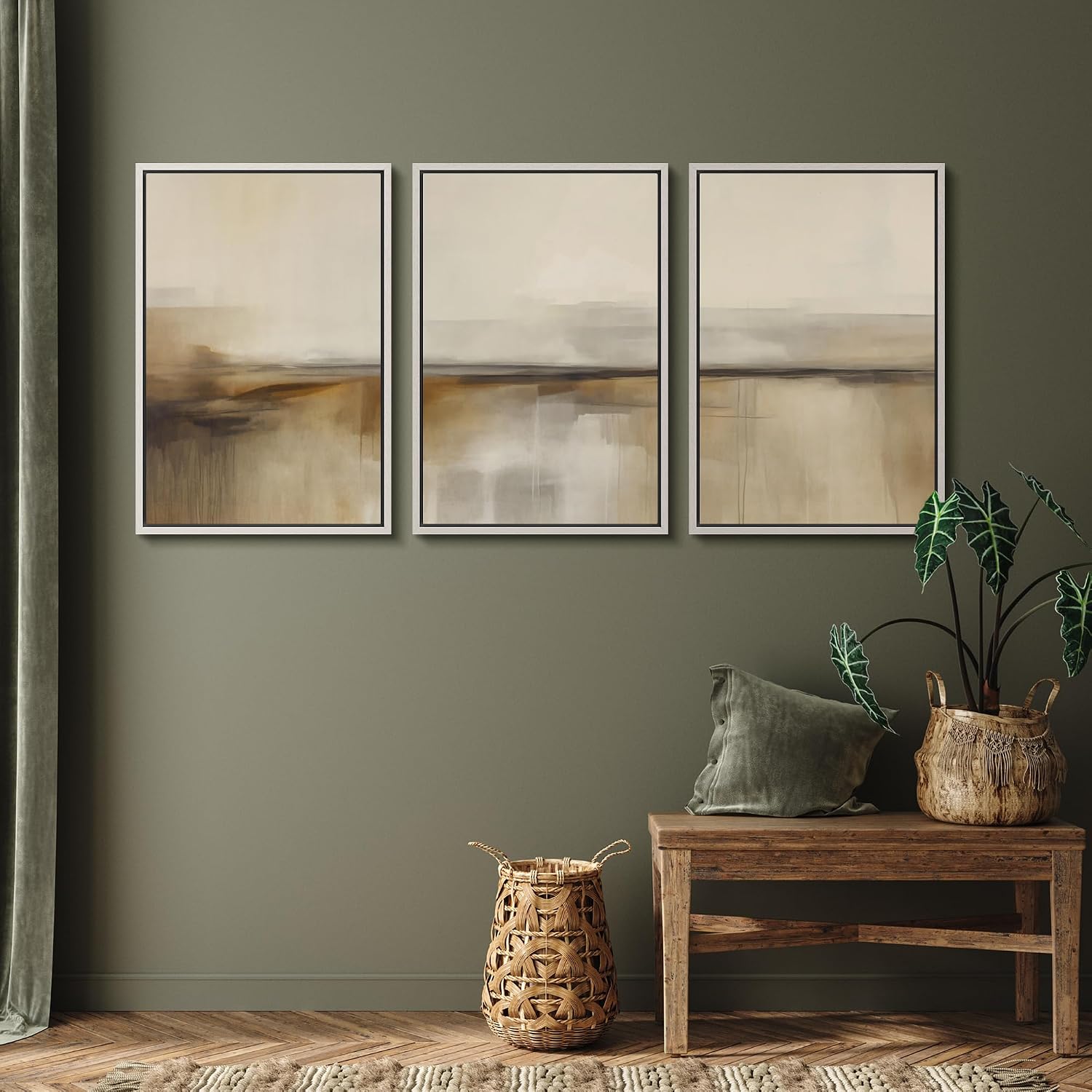 SIGNFORD Framed Canvas Print Wall Art Set Desert Haze Abstract Neutral Beige and Brown Illustrations Modern Art Relax/Calm for Living Room, Bedroom, Office - 16'x24'x3 White
