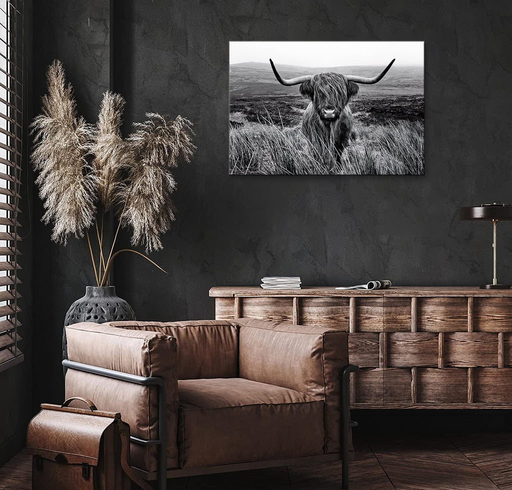 Highland Cow Wall Art Canvas Black and White Artwork Canvas Picture Highland Cow Prints Paintings Wall Decor Framed for Living Room Bathroom (28x44 inch)