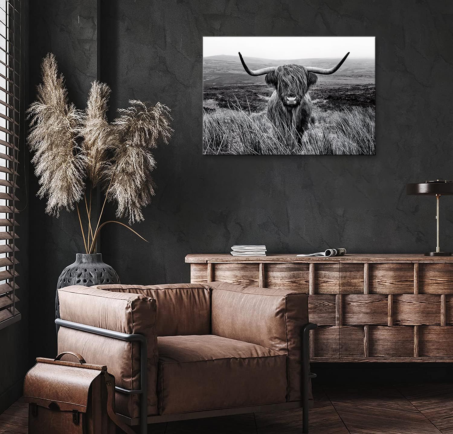Highland Cow Wall Art Canvas Black and White Artwork Canvas Picture Highland Cow Prints Paintings Wall Decor Framed for Living Room Bathroom (28x44 inch)