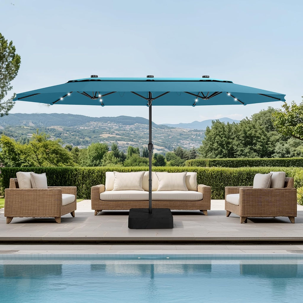 PHI VILLA 15ft 2-Tier Large Patio Umbrella with Solar Lights, Double-Sided Outdoor Market Rectangle Umbrellas with 36 LED Lights, Umbrella Base (Stand) Included, Blue&Cerulean