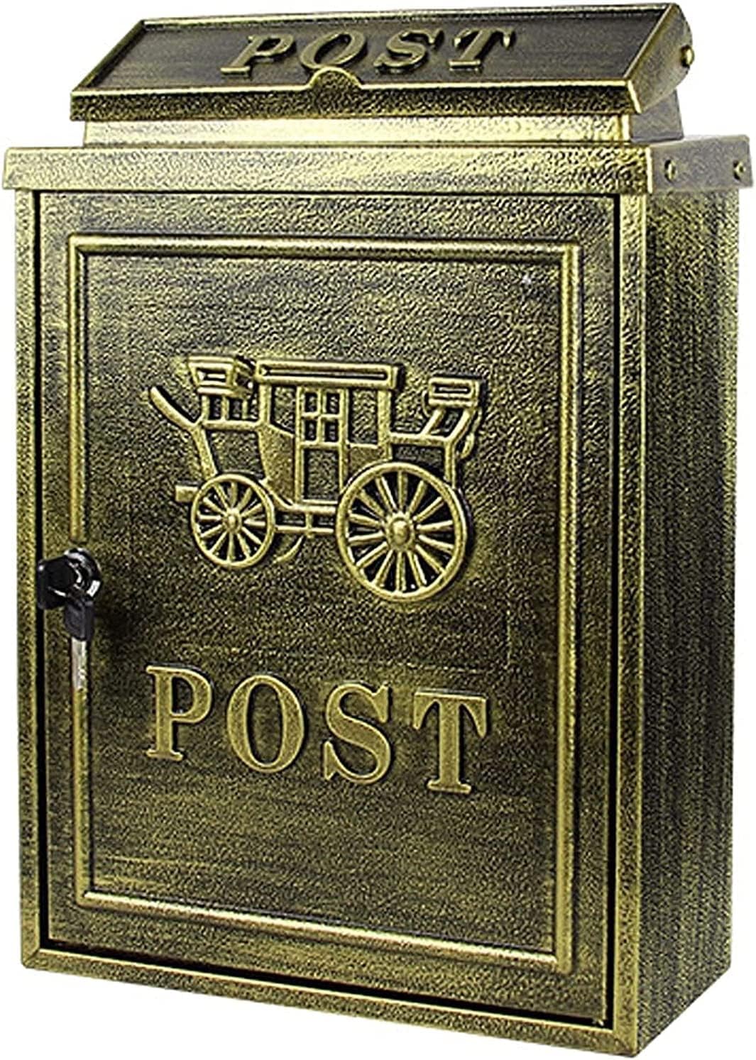 REMYS Suggestion Box Letter Box Complaint Box Vintage Wall Mount Locking European Pastoral Mailbox， Galvanized Steel Cover and Rust-Proof Metal Post Letterbox ，Outdoor Porch Drop Box