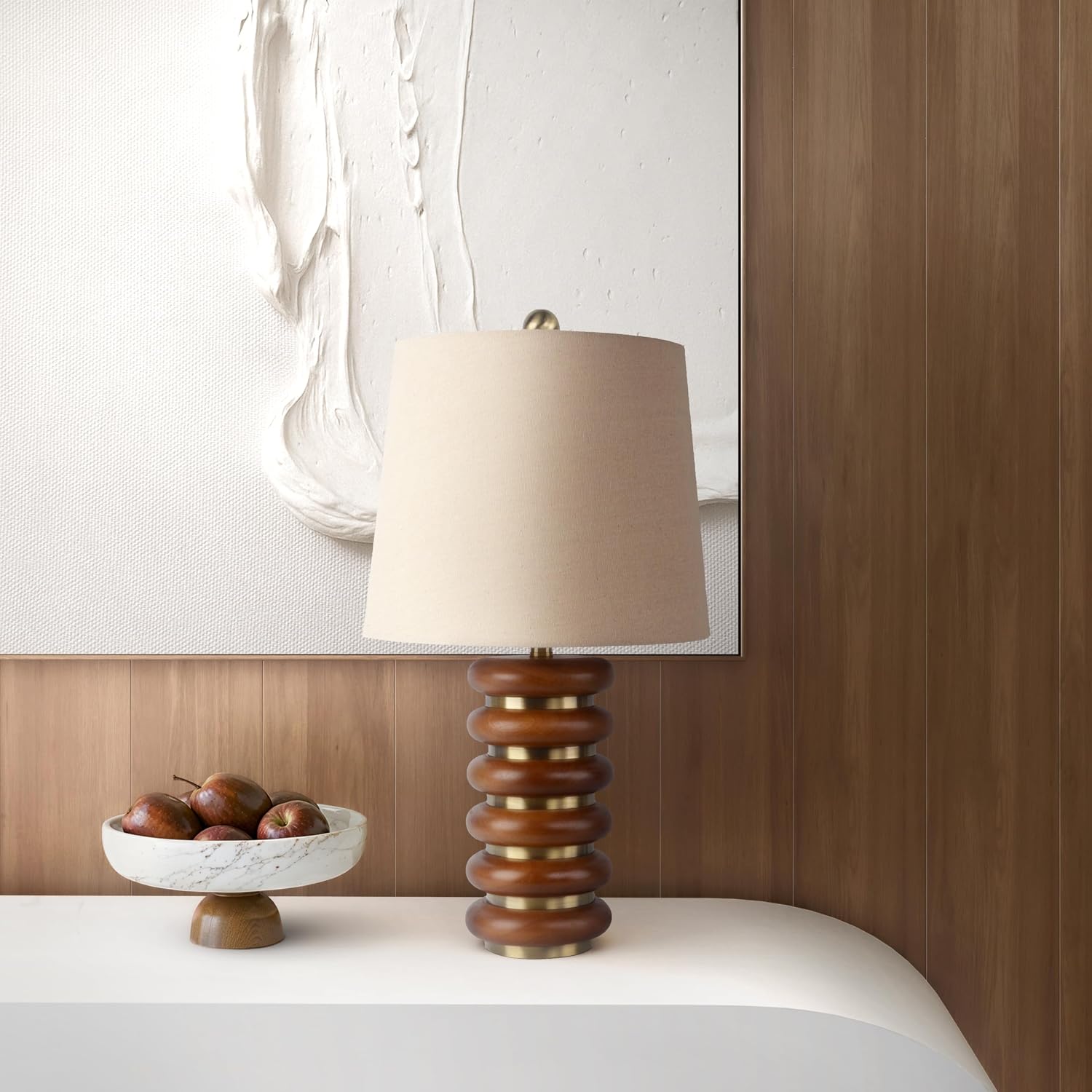 Abani Table Lamp Thalia Stacked Ring 21.5' – Mid-Century Modern Brown Wood Base with Wheat Linen Shade – E26 Bulb Included – Stylish Desk Lamp for Bedroom, Living Room, Dorm or Nightstand