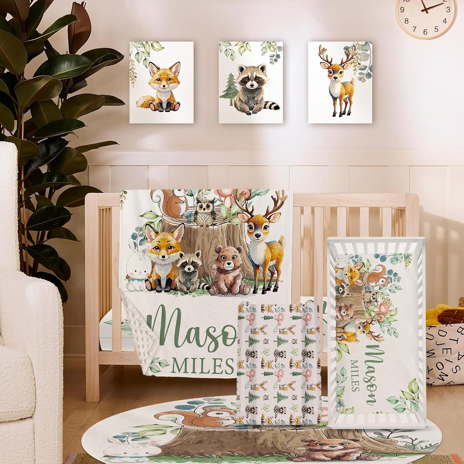 TOOTANN Custom Baby Crib Bedding Set, 5 Pcs Personalized Name Baby Crib Sheets for Kid Toddler Infant, Forest Animals and Tree Stumps Nursery Bedding Set